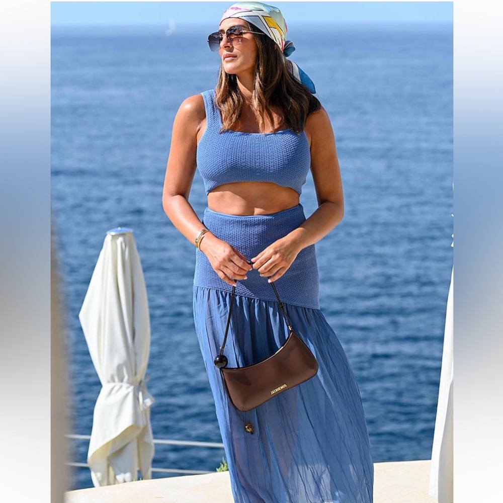 Matching 2 piece top & skirt set- blue drop waist midi skirt & stretchy knit top - Picture 3 of 13